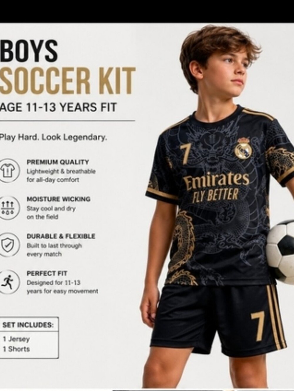 Boys Ronaldo #7 Soccer Jersey & Shorts Set | Black & Gold Dragon Design |